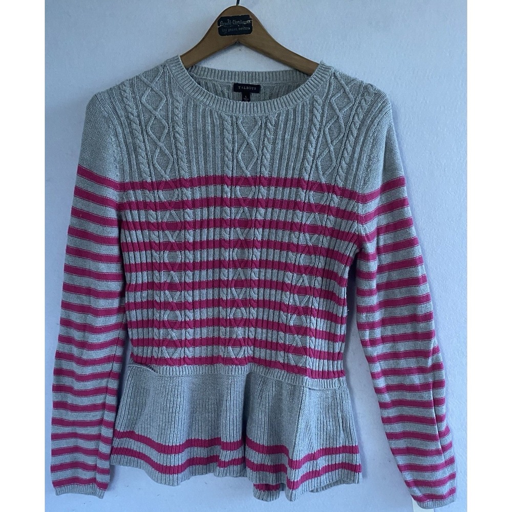 Talbots Gray Pink Striped Knit Sweater Womens Long Sleeve Pullover Size PL